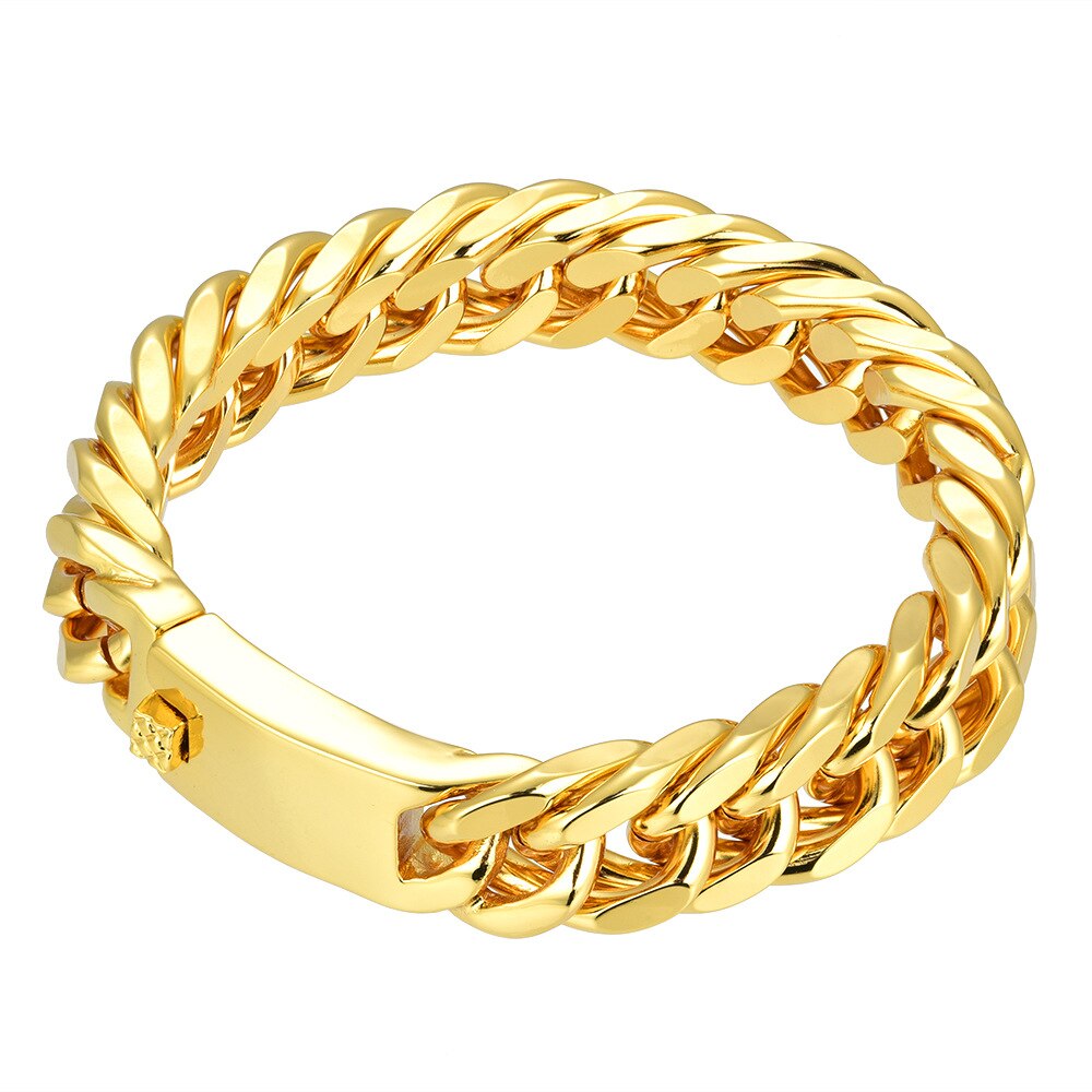 Pulseira masculina cubana, bracelete de metal banhado a ouro: gold