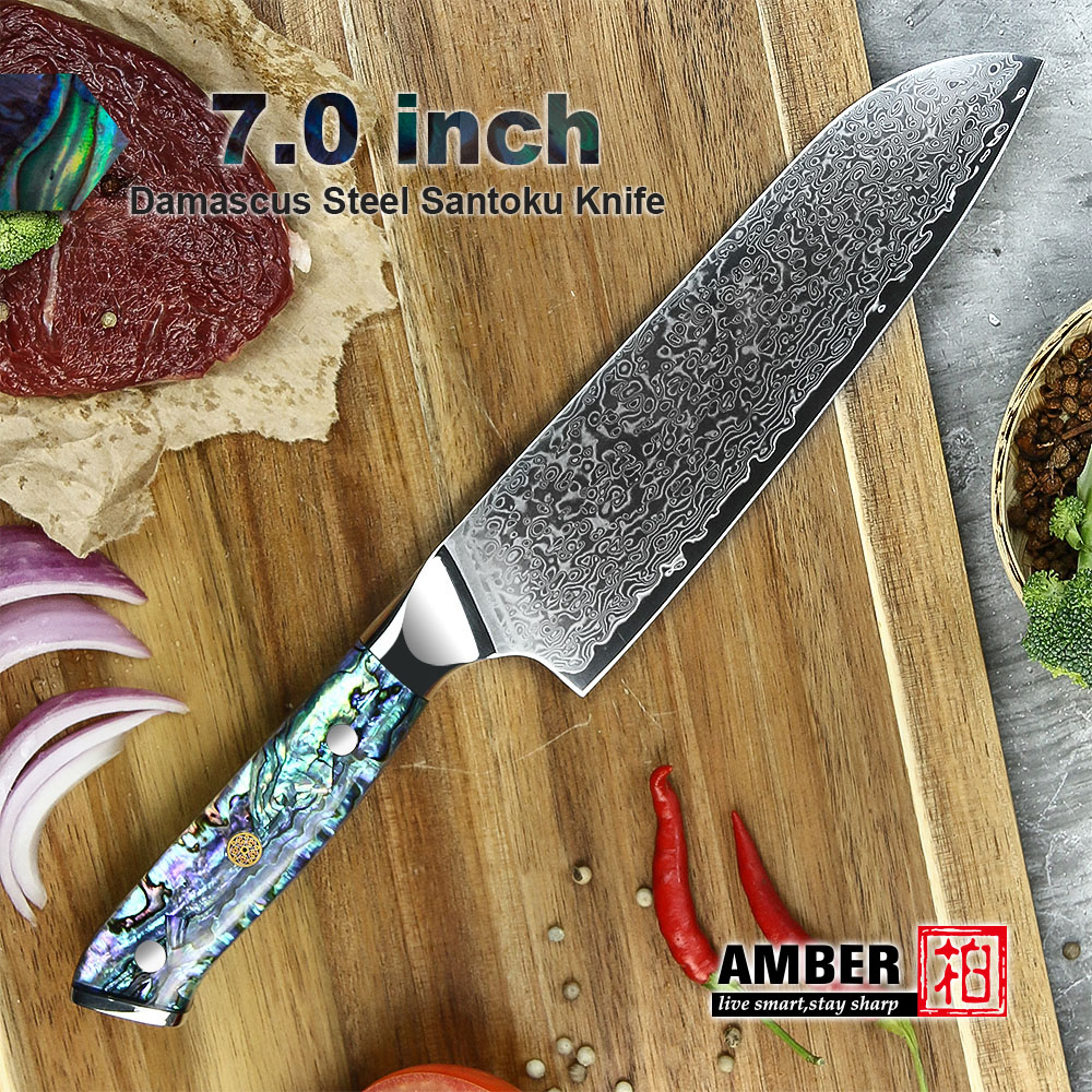 Amber Damascus Mes Professionele Keuken Chef Utility Santoku Steak Uitbenen Cleaver Messen Japanse Mes Abalone Shell Handvat: Santoku