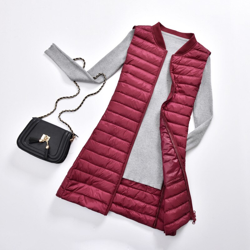 Schinteon Femmes Ultra Léger Vers Le Bas Gilet décontracté Baseball Longue Mince Gilet Automne Hiver Fond Gilet nouveauté: Wine Red / L
