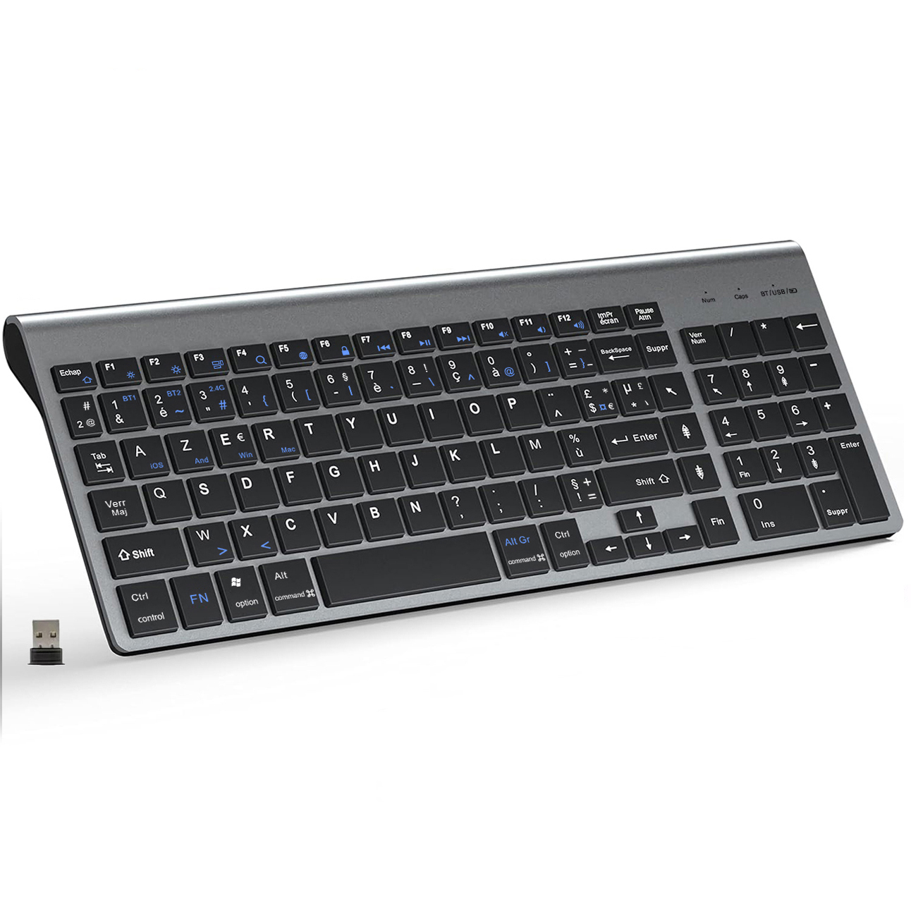 French Wireless AZERTY Layout Keyboard Ultra Slim Dual Mode Three Channel Bluetooth Keyboard for PC Windows IOS Mac Android: Grey