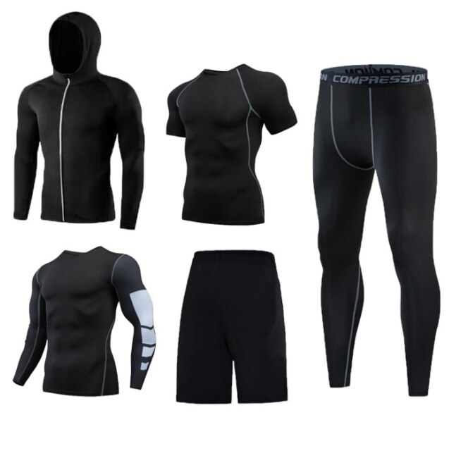 5 pièces/ensembles hommes vêtements de sport homme rashguard costume homme kit mma compression vêtements pour hommes à manches longues t-shirt + entraînement l: 3 / 3XL