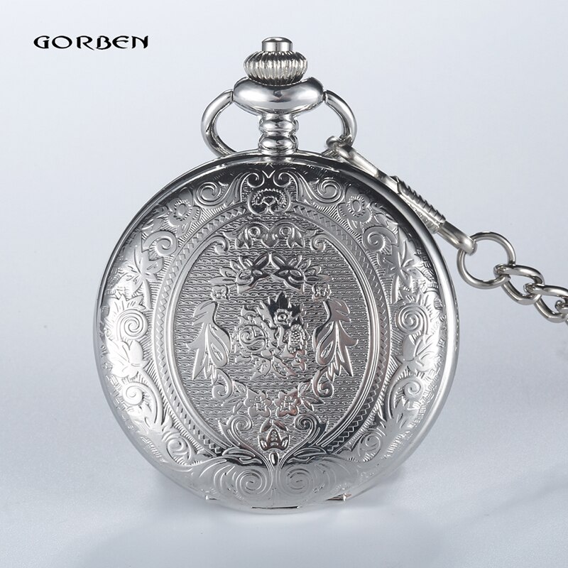 Retro Gobren Romeinse Cijfers Verzilverd Carving Zakhorloge Mode Klassieke Heren Analoge Quartz Horloge Fob Ketting Met Doos