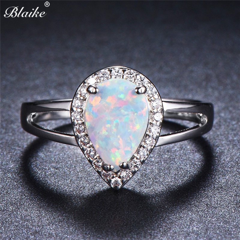 Blaike luxo branco ouro cheio gota de água branco fogo opala anéis para mulheres moda jóias arco-íris birthstone anel de noivado