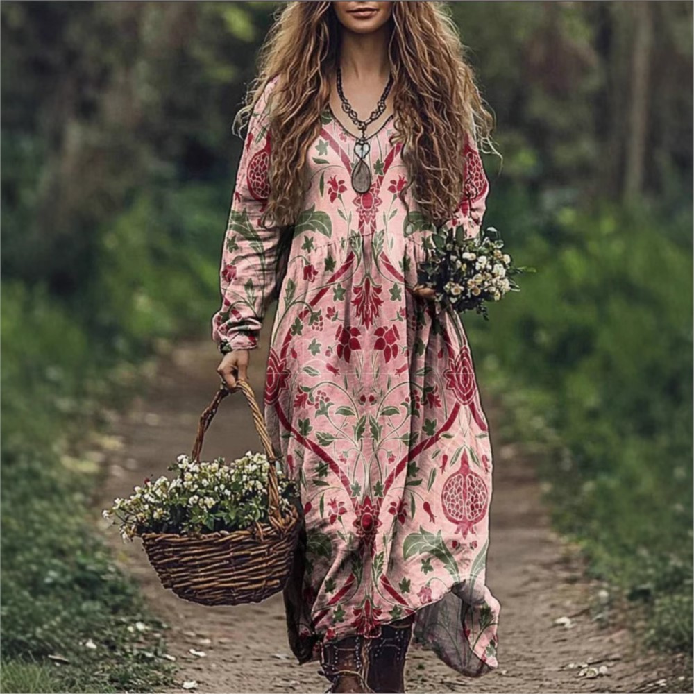 Casual Women's Printed Dress Spring Round Neck Long Sleeved Loose Geometric Pattern Printed Large Swing Dress For Women