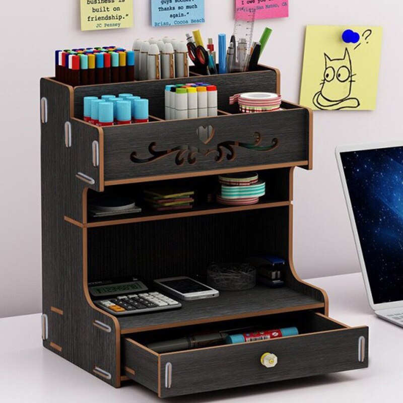 Wooden Pen Holder Large Capacity Cute Desk Pen Holder Pencil Storage Box Desktop Organizer Stand Case School Office Stationery: B black