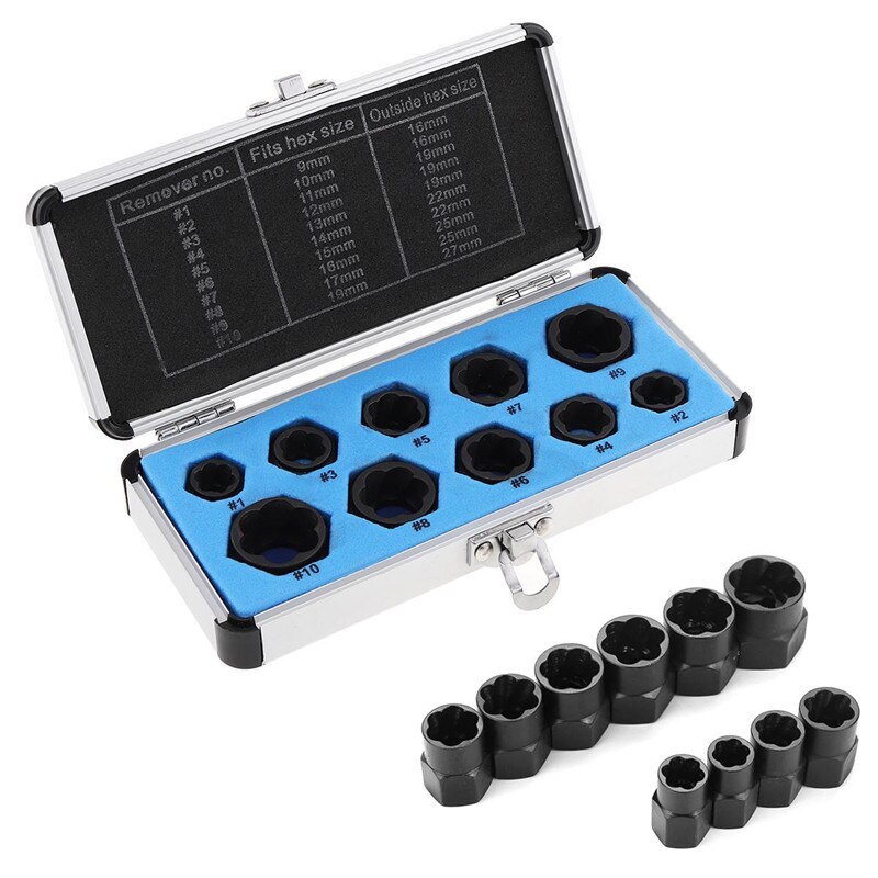 10pcs 9-19mm Bolt Removal Kit Low Cased Damaged Bolts Nuts Screws Remover Extractor Removal Tools Set Threading Tool Kit Broken