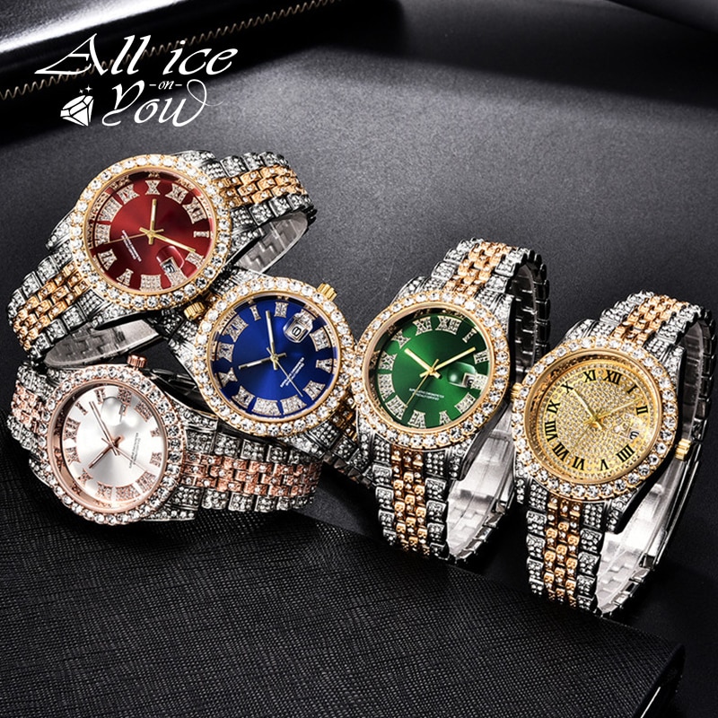 Alliceonyou Goud Zilver Kleur Zirconia Horloges Hip Hop Mode Diamanten Armband Roestvrij Staal Voor