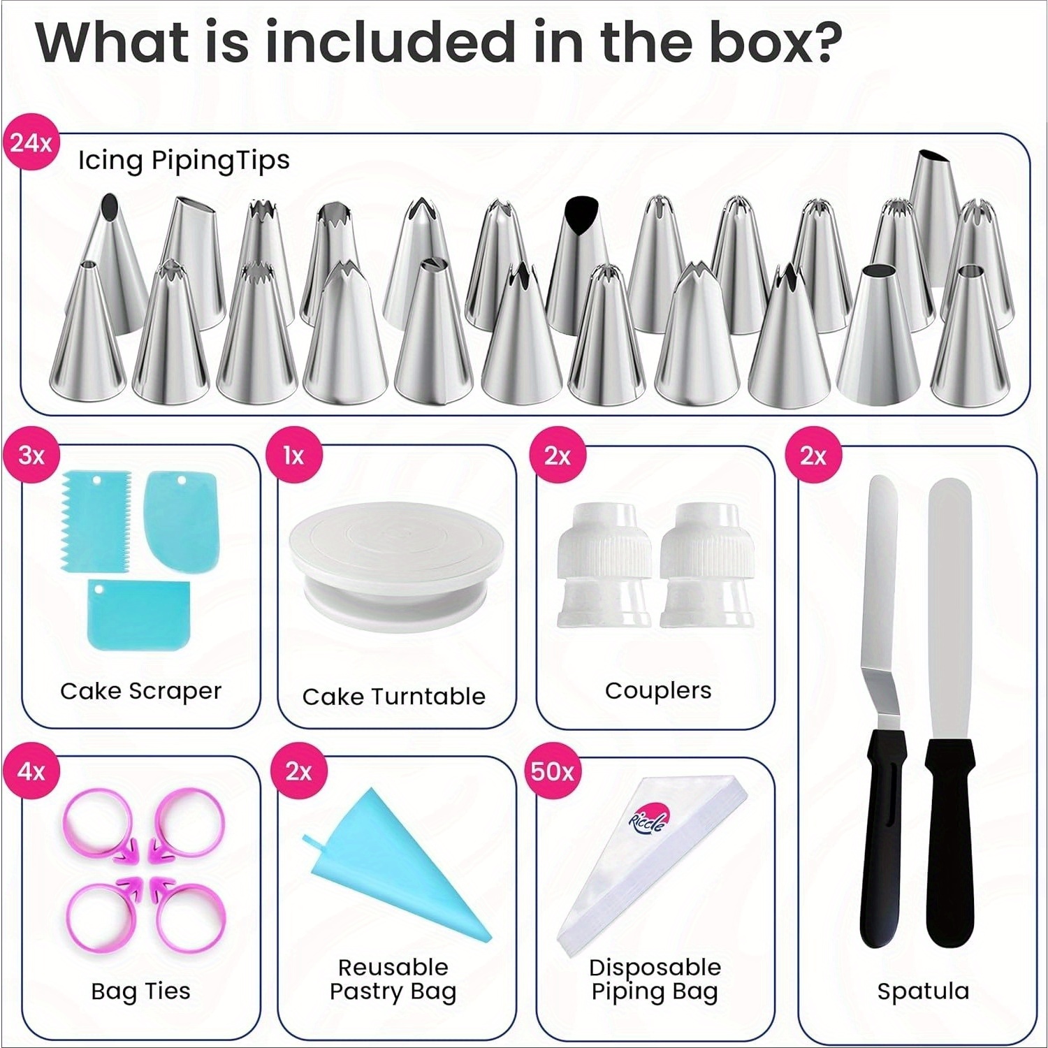88 stk. kakedekorasjonssett med kakeplate, engangs, gjenbrukbare sprøyteposer, sprøytetupper til glasur, stekespadler, kamskrape
