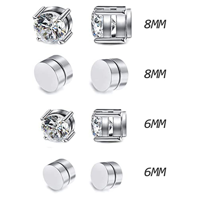 4 Paare von rostfrei Stahl magnetisch Zucht Ohrringe einstellen Pro Männer und Frauen nicht-perforiert Zircon Hypoallergenic 6-8MM