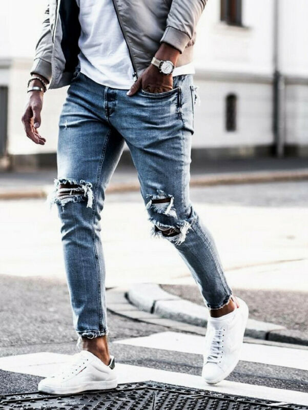 Jean Skinny homme déchiré coupe Slim Denim extensible détresse effiloché motard Jeans pantalon US