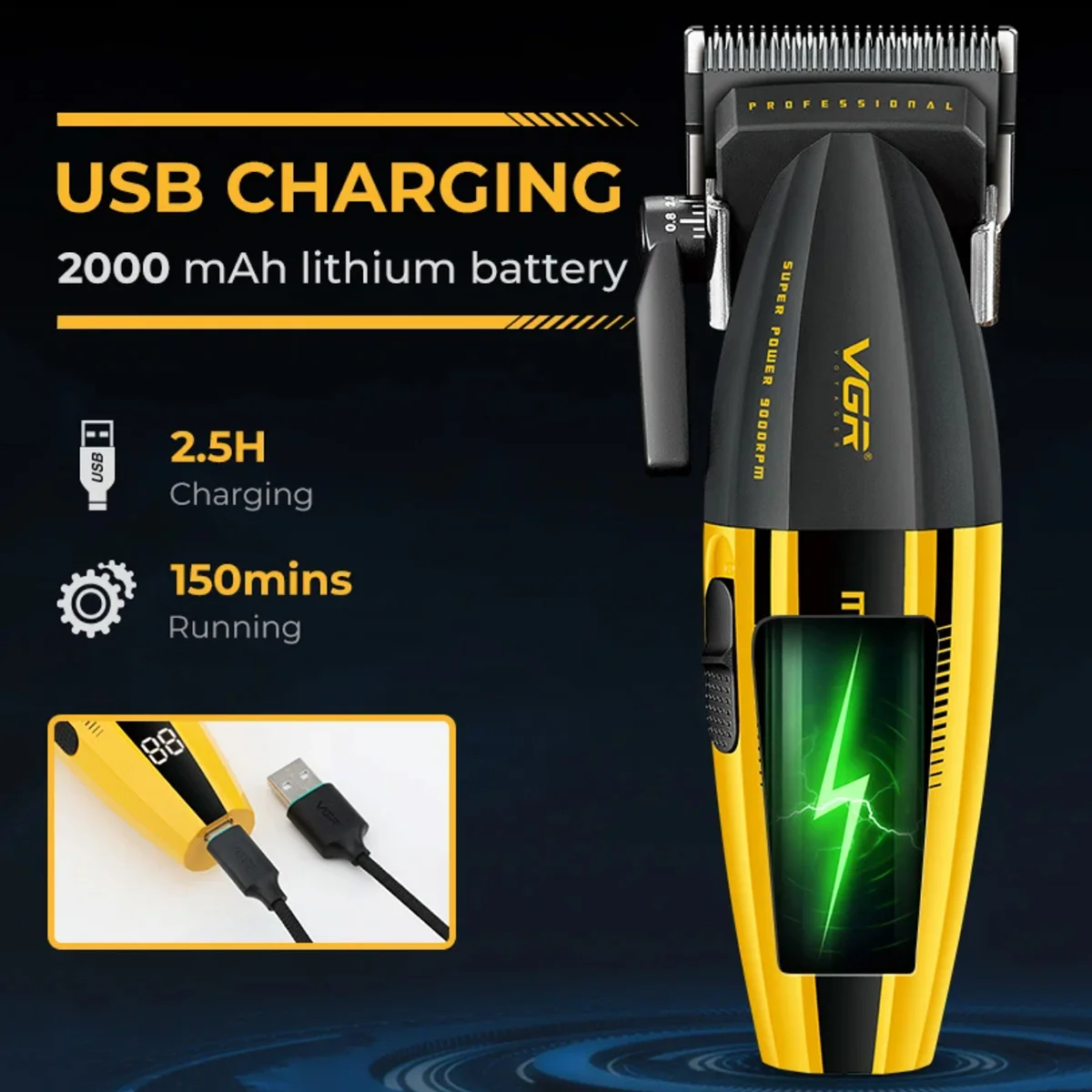 VGR Tondeuse Professionele Haarsnijmachine Kapper Draadloze Tondeuse Metaal 9000 RPM Elektrische Tondeuse voor Mannen V-285
