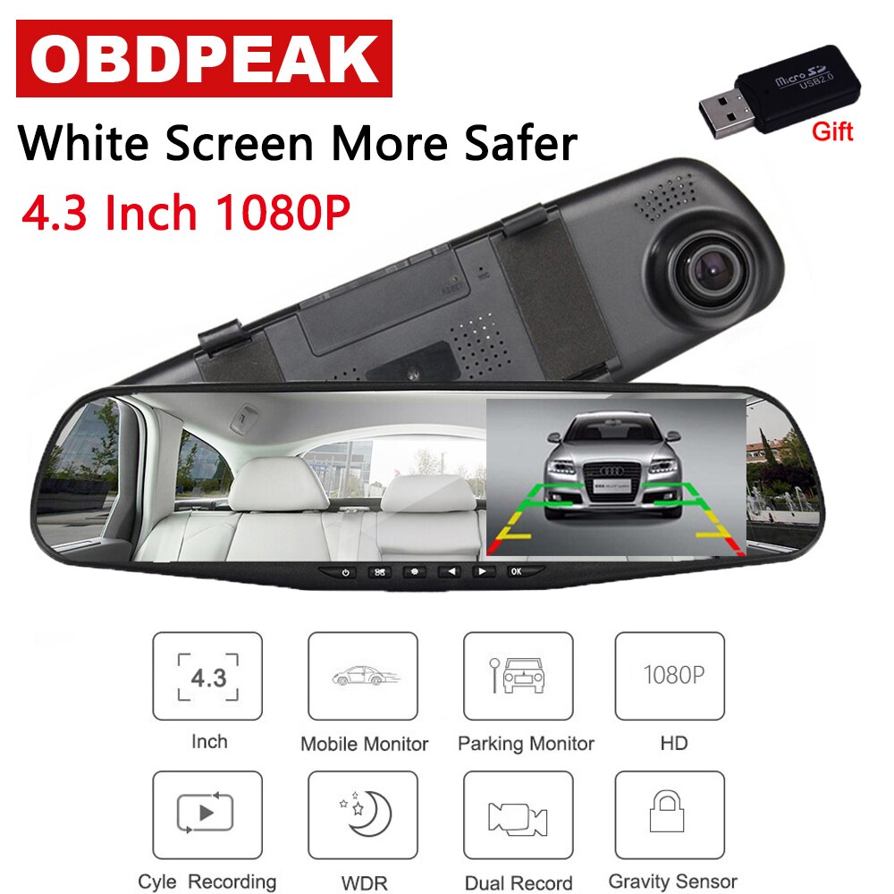 4.3 Inch Auto DVR Witte Spiegel Camera Dash Cam FHD 1080 P Dual Lens Auto Auto DVR Spiegel Recorder Auto achteruitkijkspiegel G-sensor DVR