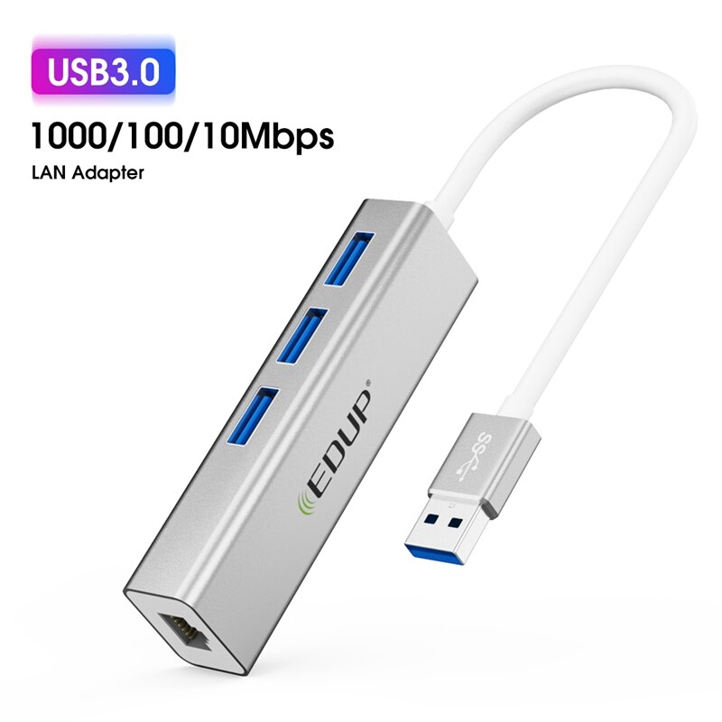 Edup EP-9801 Usb 3.0 Hub Usb 3.0 Naar RJ45 Adapter Met 3 Uitbreiding Poorten, USB3.0 Netwerk Adapter 1000Mbps