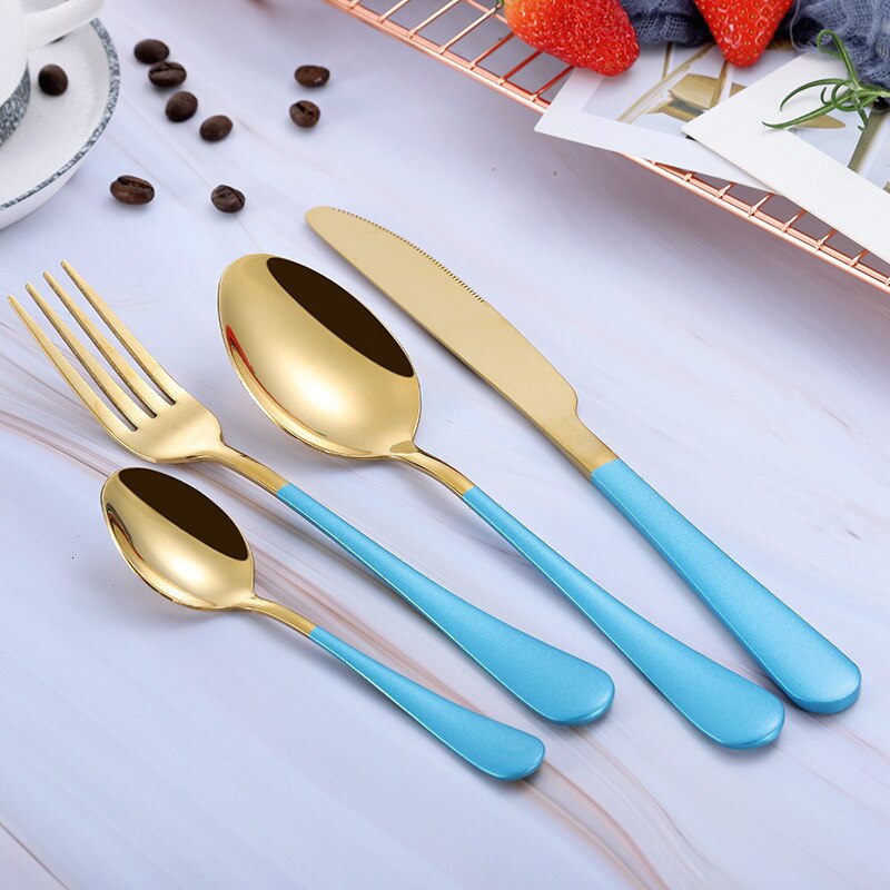 Black Gold Cutlery Set 18/10 Stainless Steel Fork Spoon Knife Set Mirror Tableware Set Portable Kitchen Spoon Silverware Set: blue gold