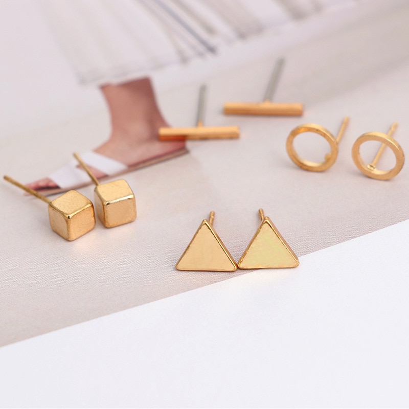 4Pairs Stud Earrings Set For Women Gold Color Simple Unisex Round Square Men Korean Earrings