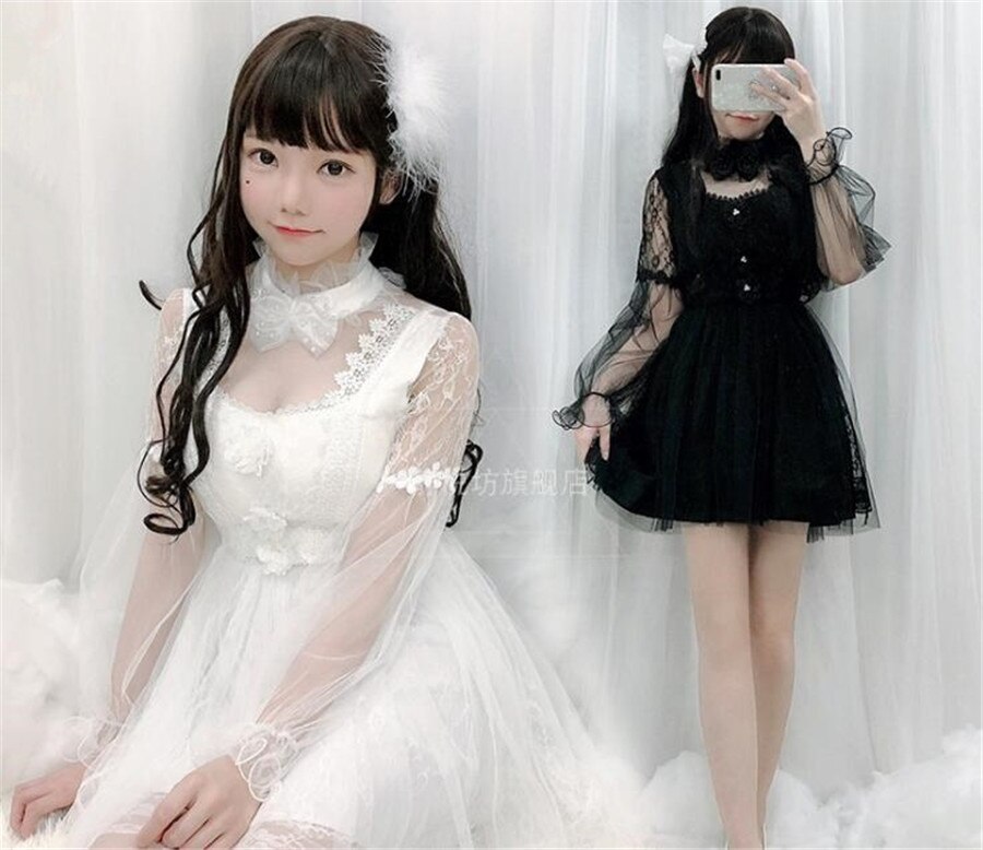 Long Sleeve Dress Lolita Dress Women White Black Dress Sweet Lolita Skirt D391