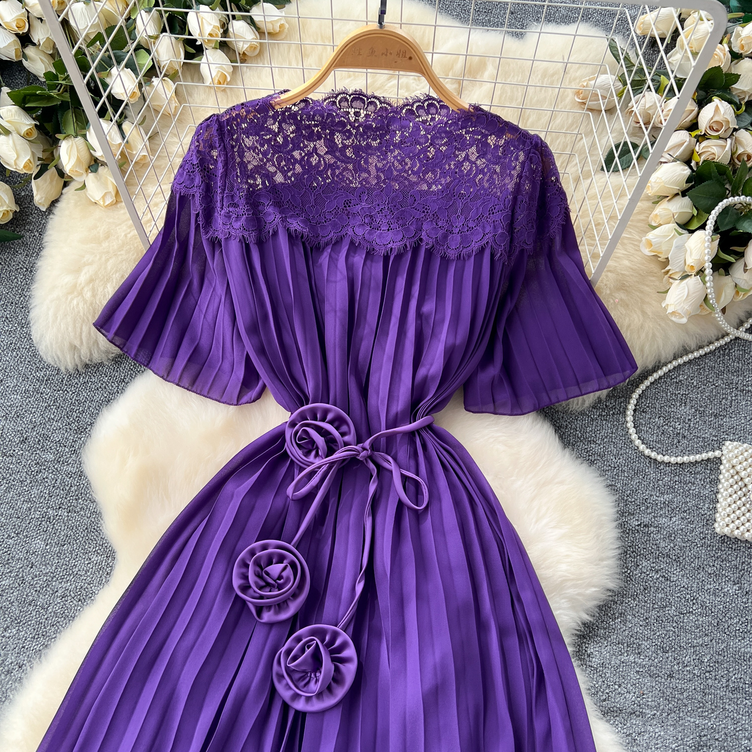 Fransk vintage blonde hul patchwork korte ærmer snørekjole afslappet kvinder sommer chiffon feriekjoler