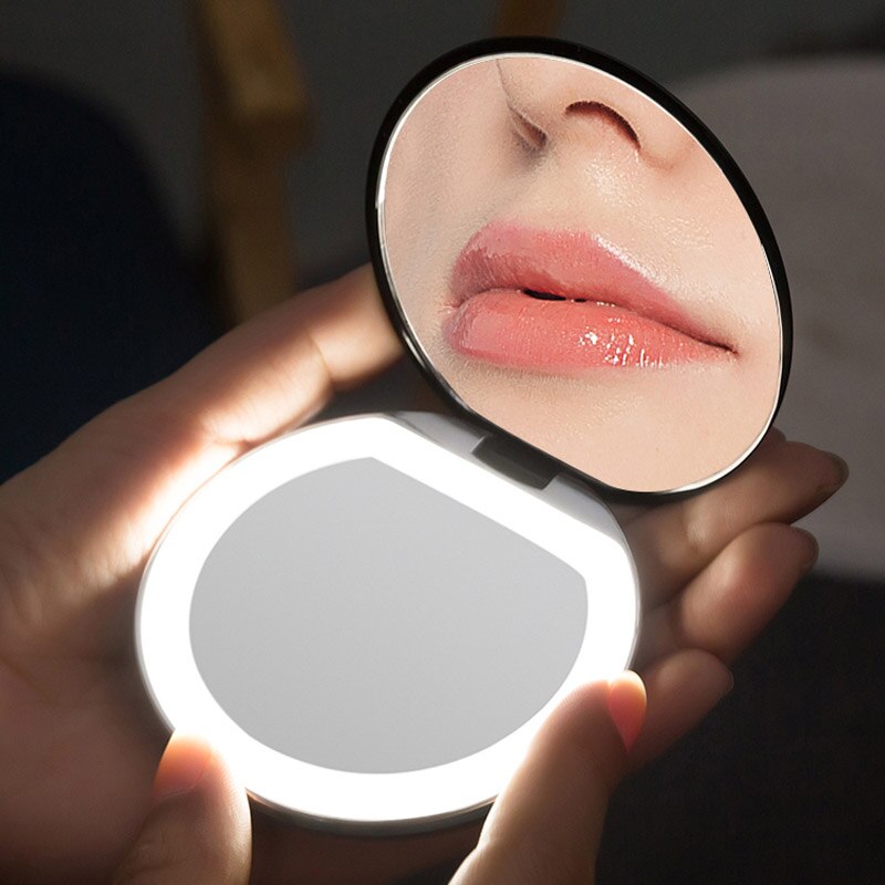Espejo de maquillaje portátil con luz LED, plegable, redondo, con aumento, anillo de belleza de viaje, luz de relleno para fotos, espejos pequeños, 1 ud.: black