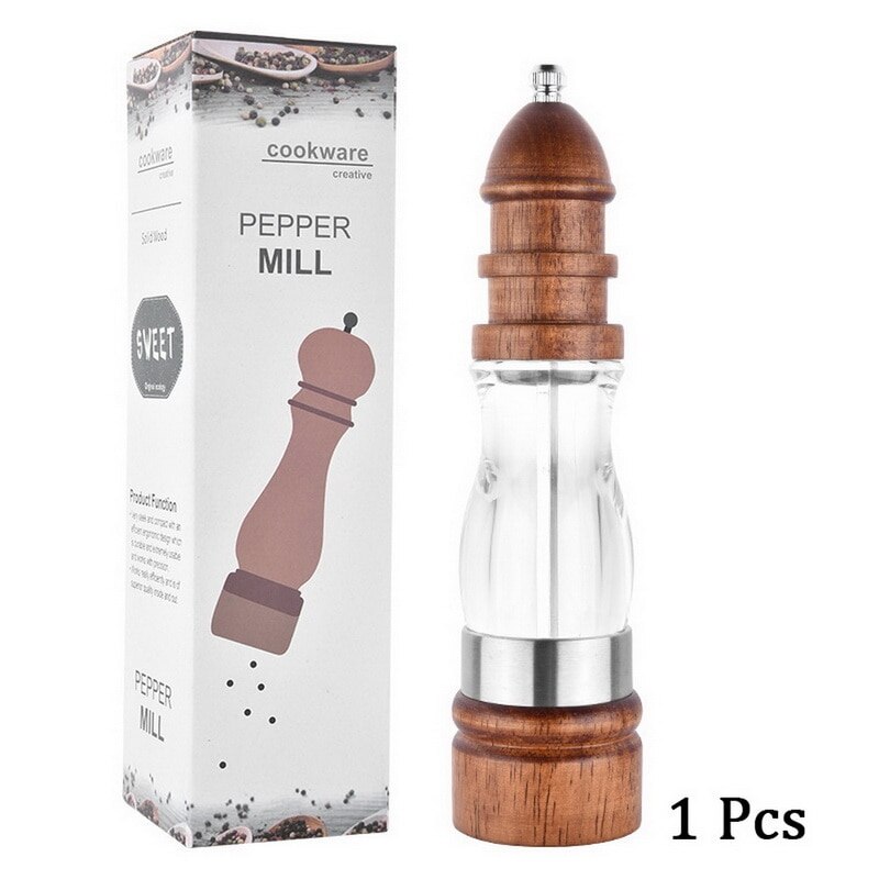 2 pièces/ensemble poivre sel broyeur en bois massif et acrylique bouteille main en céramique mécanisme de meulage épices Peper cuisine BBQ Mills: 8inch 1pc