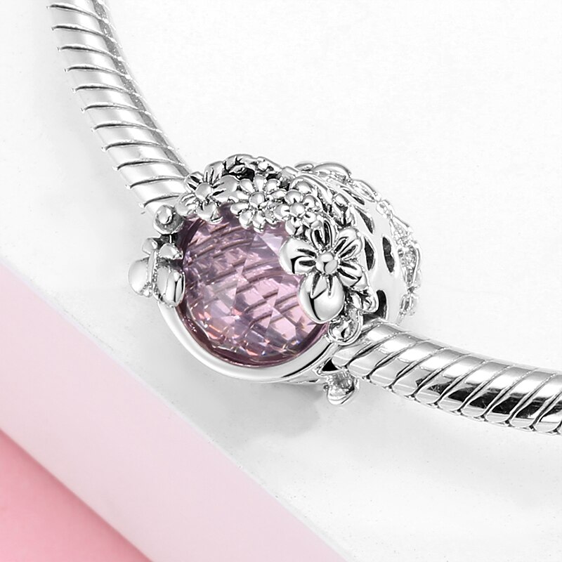 Pink Zircon Garden Flowers 925 Sterling Silver Charm for Women Original Charm Bracelet Jewelry Making