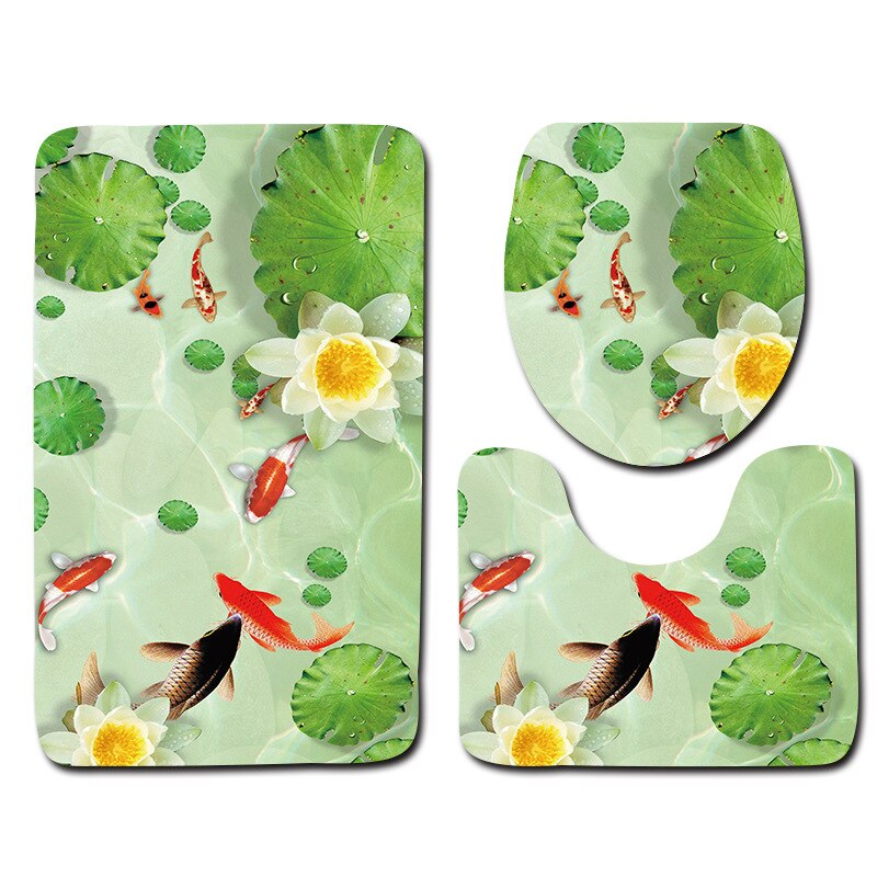 Zeegle 3D poisson imprimé salle de bain tapis 3 pièces anti-dérapant tapis dans les toilettes lavable piédestal tapis couvercle toilette couverture tapis de bain: Fish 04