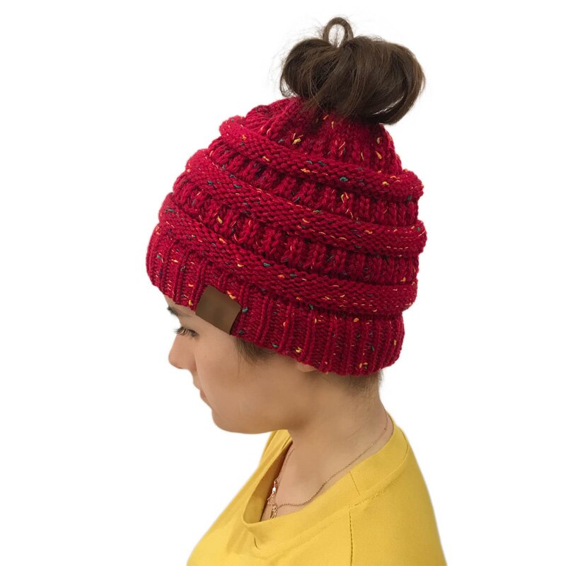 Doitbest Winter Female Ball Cap Top Hole Hat For Women Girls Hat Knitted Beanies Cap Hat Thick Womens lady Skullies knit Beanies: Red