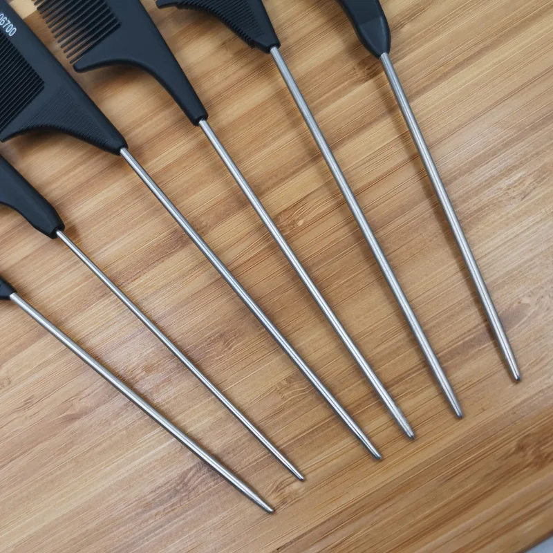 Peines de cola de pelo profesionales, peine de corte de salón de acero inoxidable, herramientas de estilismo para el cuidado del cabello con púas, accesorios de peluquero, dientes finos