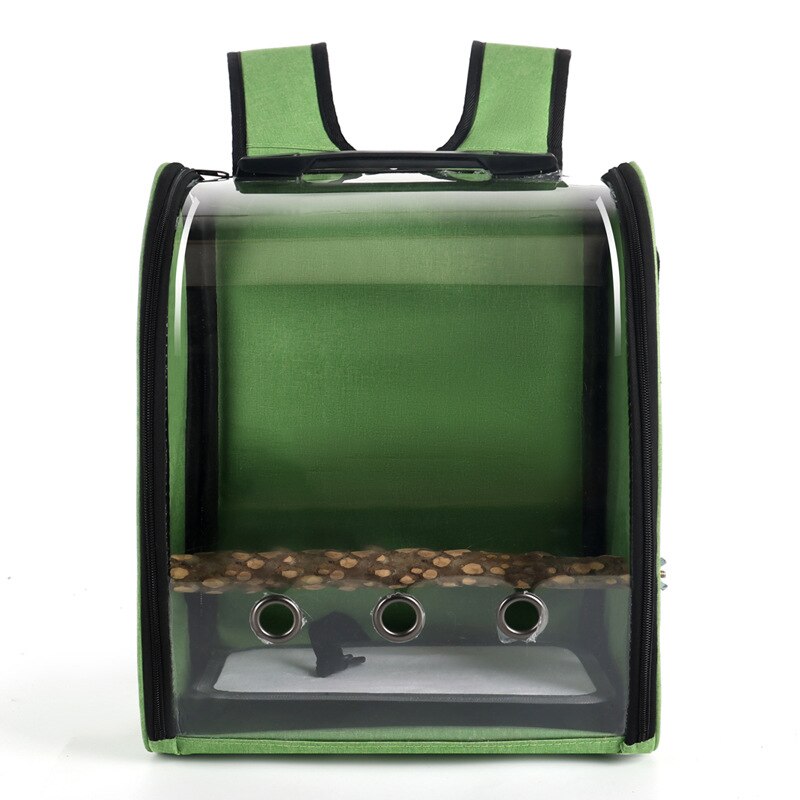 Mochila transpirable para pajaros y loros, bolsa ligera de viaje al aire libre para mascotas, soporte de cinturón lateral duro con taza de comida y pájaros: Green1