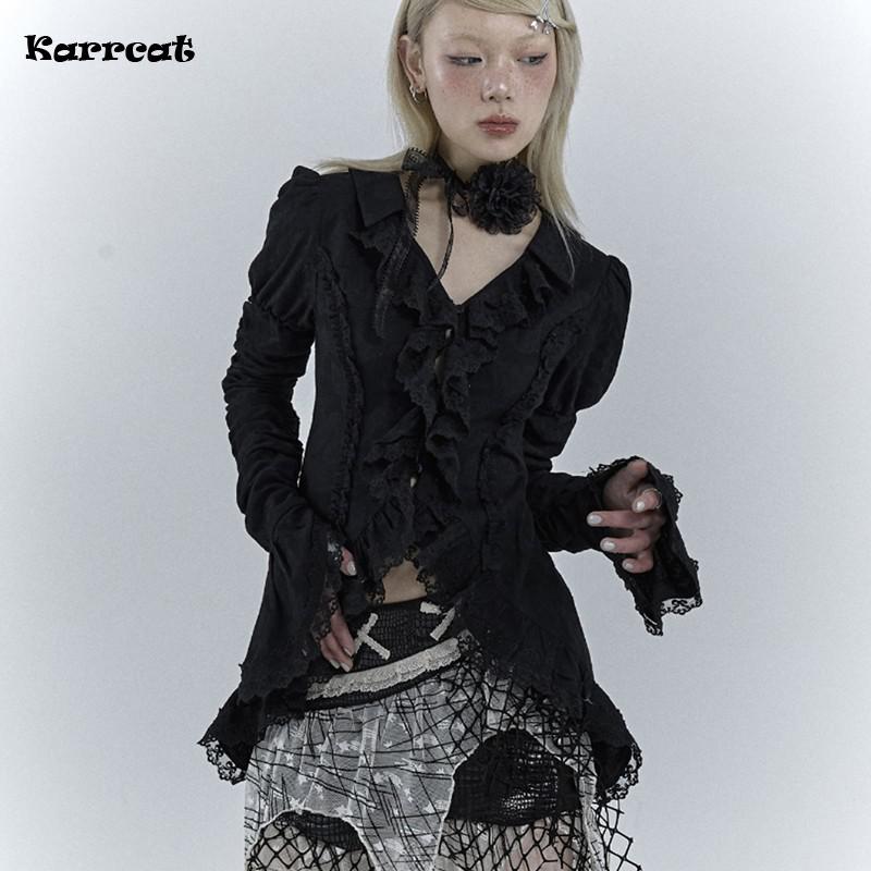 Karrcat gotisch schwarz Spitze Hemd dunkle ästhetische unregelmäßige Blusen Yamamoto Stil Grunge aufflackern Ärmel V-Ausschnitt Hemd Jahrgang Y2k Emo: M