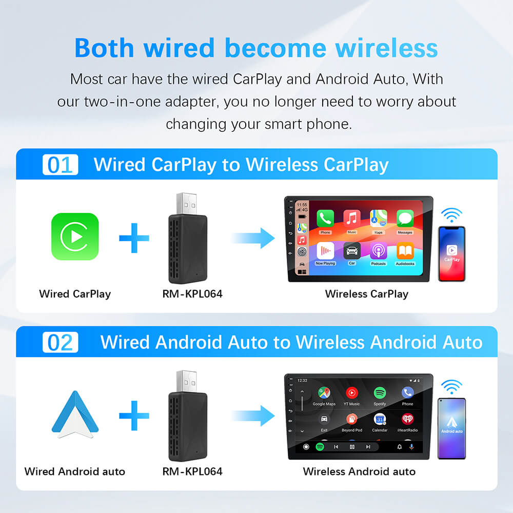 Adaptateur CarPlay Android Auto filaire vers sans fil, stéréo de voiture OEM avec USB Plug and Play, 2 en 1