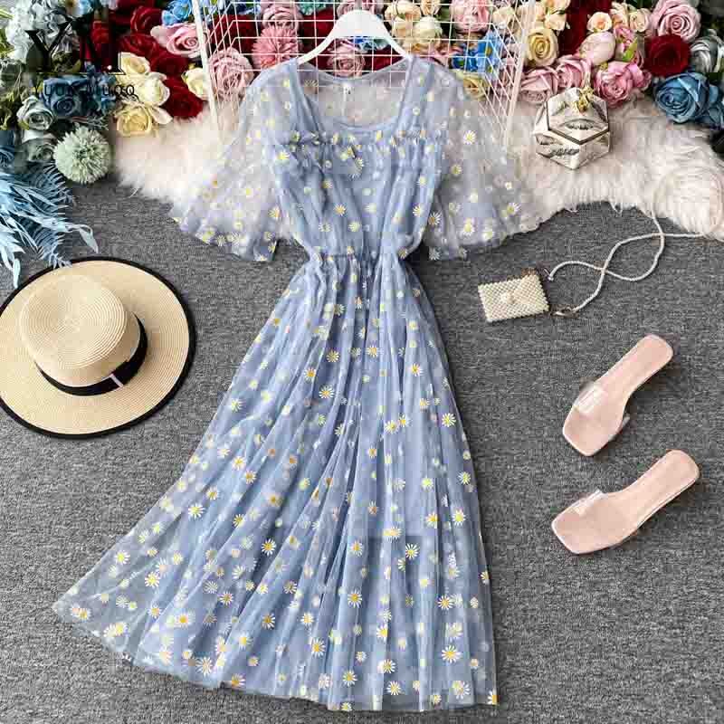 Yuoomuoo romantiska kvinnor mesh rosa festklänning sommar chic daisy flower broderi lång spetsklänning damklänningar tunika: Blå