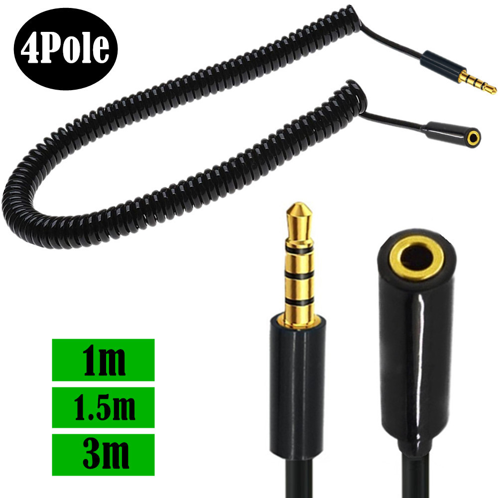 Conector de extensión de 3,5mm, 4, 3 polos, TRRS a TRRS, macho a hembra, macho a macho, auriculares, Audio estéreo, Cable en espiral con resorte auxiliar: BLANCO / 1,5 m