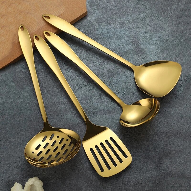 1PC Stainless Steel Cooking Tools Golden Kitchen Utensils Turner Soup Ladle Strainer Spoon Public Colander Pasta Server Cookware