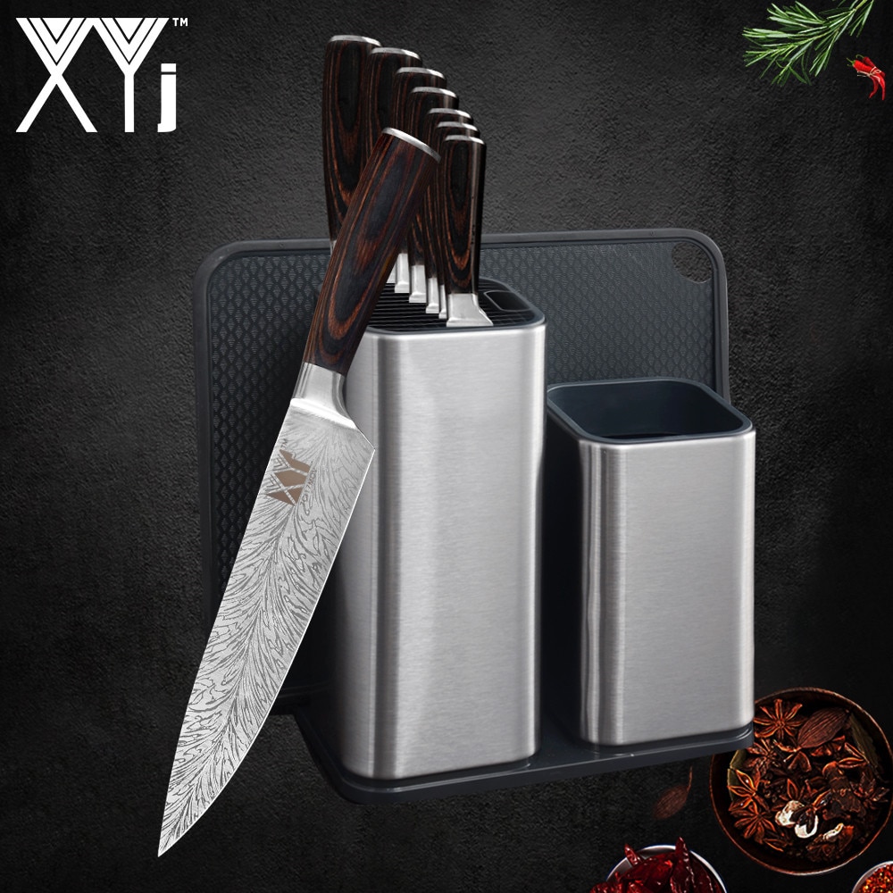 Xyj 6 '' 8 '' kjøkkenknivholder stativ rustfritt stål 7 cr 17 damaskus årer blad farge trehåndtak kniv kjøkkentilbehør