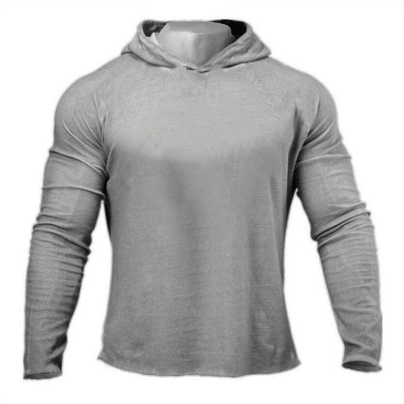 Ropa de gimnasio de Color sólido, camiseta ajustada de manga larga con capucha, Sudadera con capucha transpirable de algodón, ropa deportiva muscular para culturismo y Fitness para hombre: L / Gris