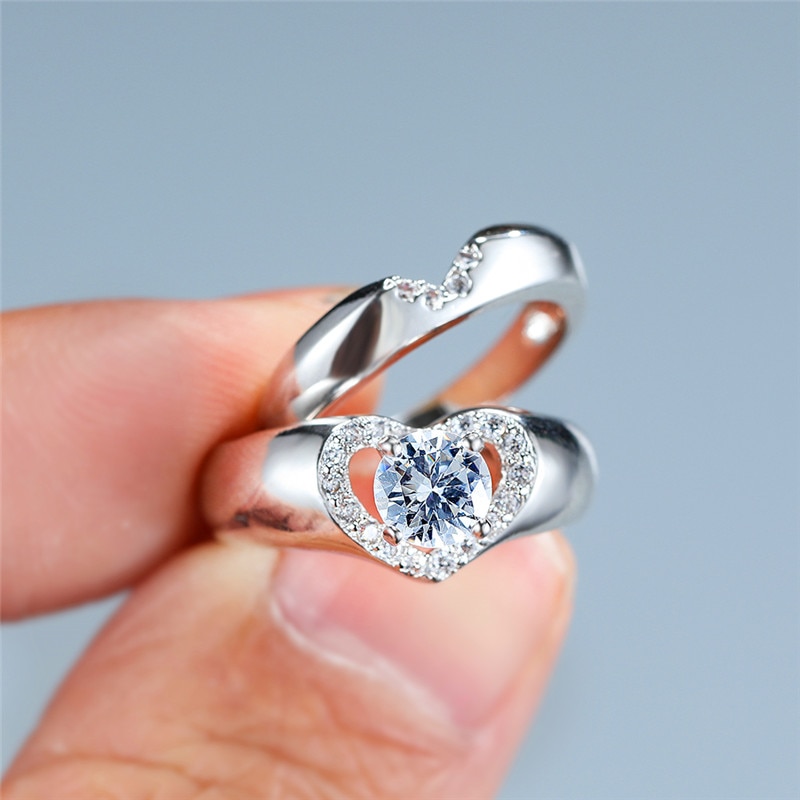 Luxus Weibliche Weiße Runde Kristall Ring einstellen zierlich Silber Farbe Hochzeit Ringe Für Frauen Versprechen Herz Hohl Engagement Ring