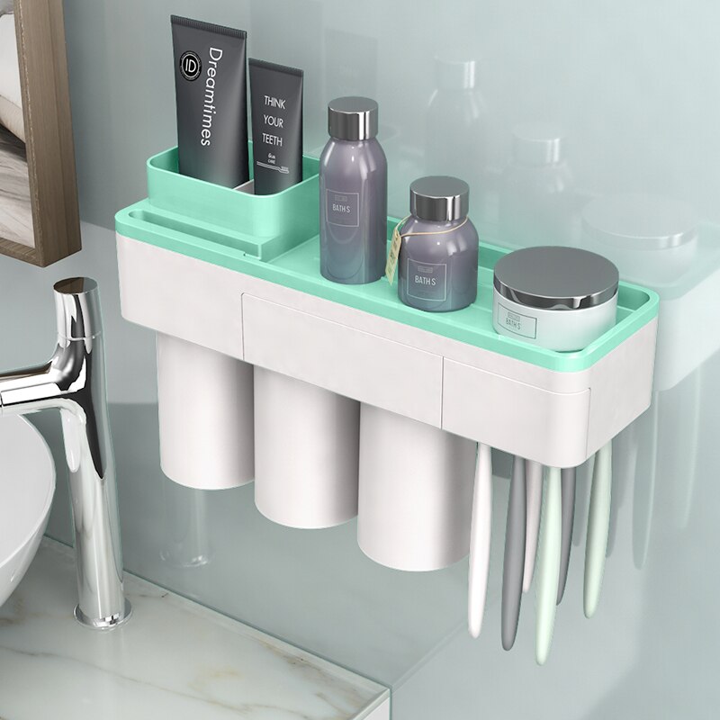 Toothbrush Holder Wall Mounted Automatic Toothpaste Dispenser Storage Rack Soft Toilet Brush Tissue Box Bathroom Accessories Set: Green 3 Cups
