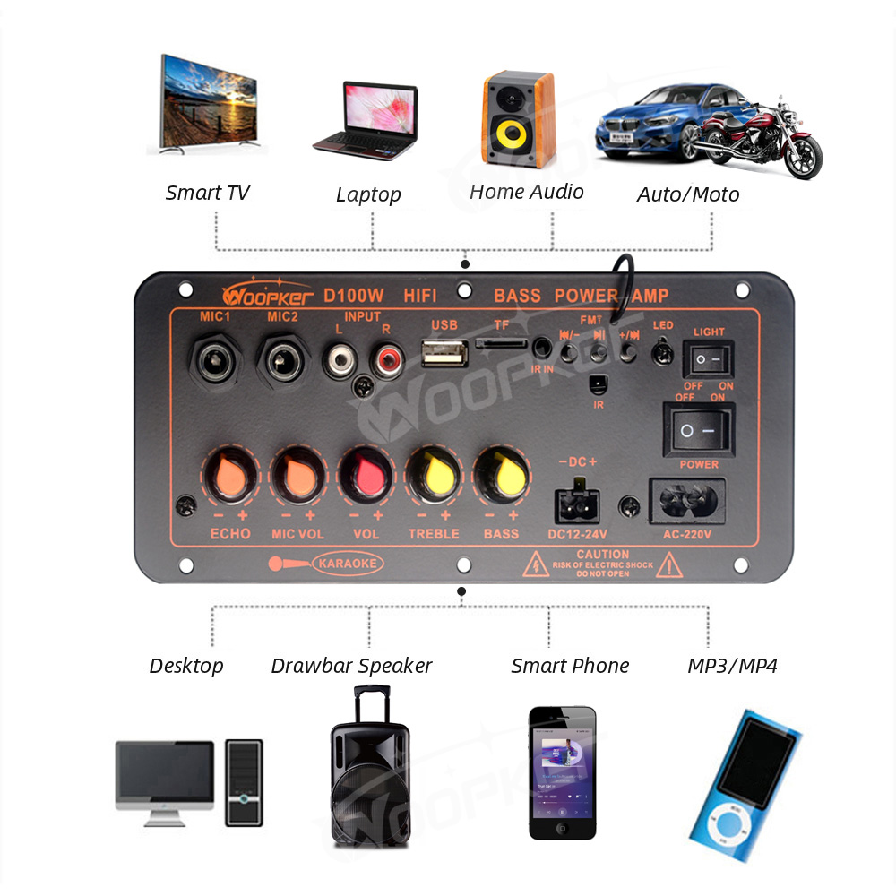 Woopker-placa amplificadora Bluetooth D100W, amplificador Digital Max 300W, 220V/12V/24V, compatible con micrófono Dual, reproductor MP3