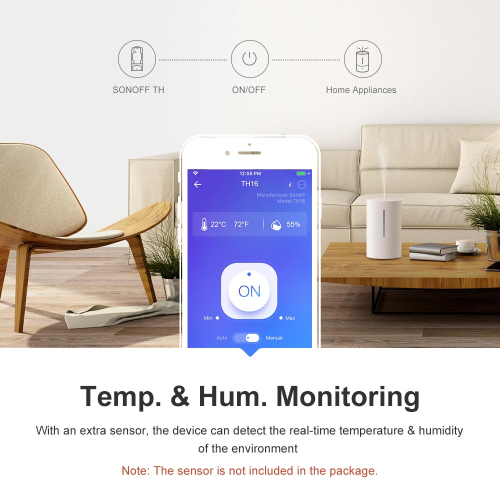 Sonoff-controlador inteligente Itead TH10 10A con Wifi, Control remoto de temperatura y humedad, Sensor de Monitor a través de eWeLink, funciona con Alexa IFTTT