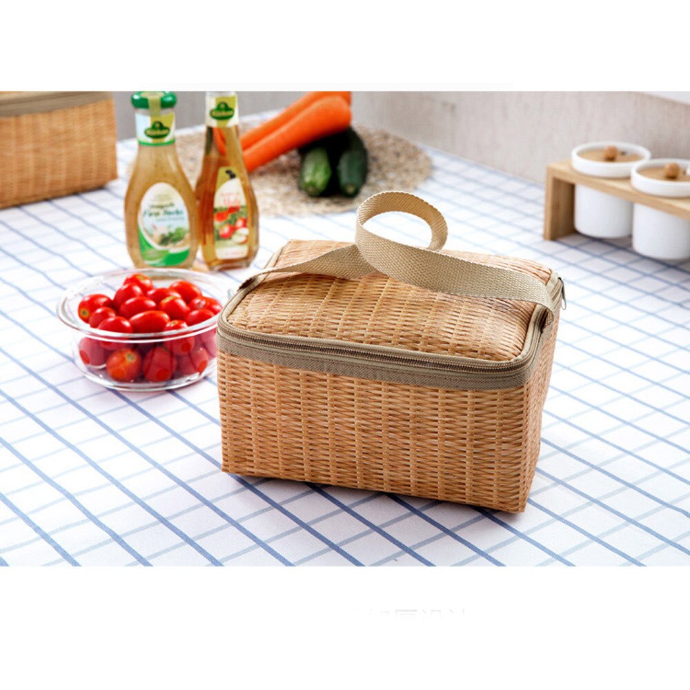 Portable Insulated Thermal Cooler Lunch Box For Kids Canvas Imitation Rattan Lunchbox Bag Food Container Bento Bags Tote Bolsa