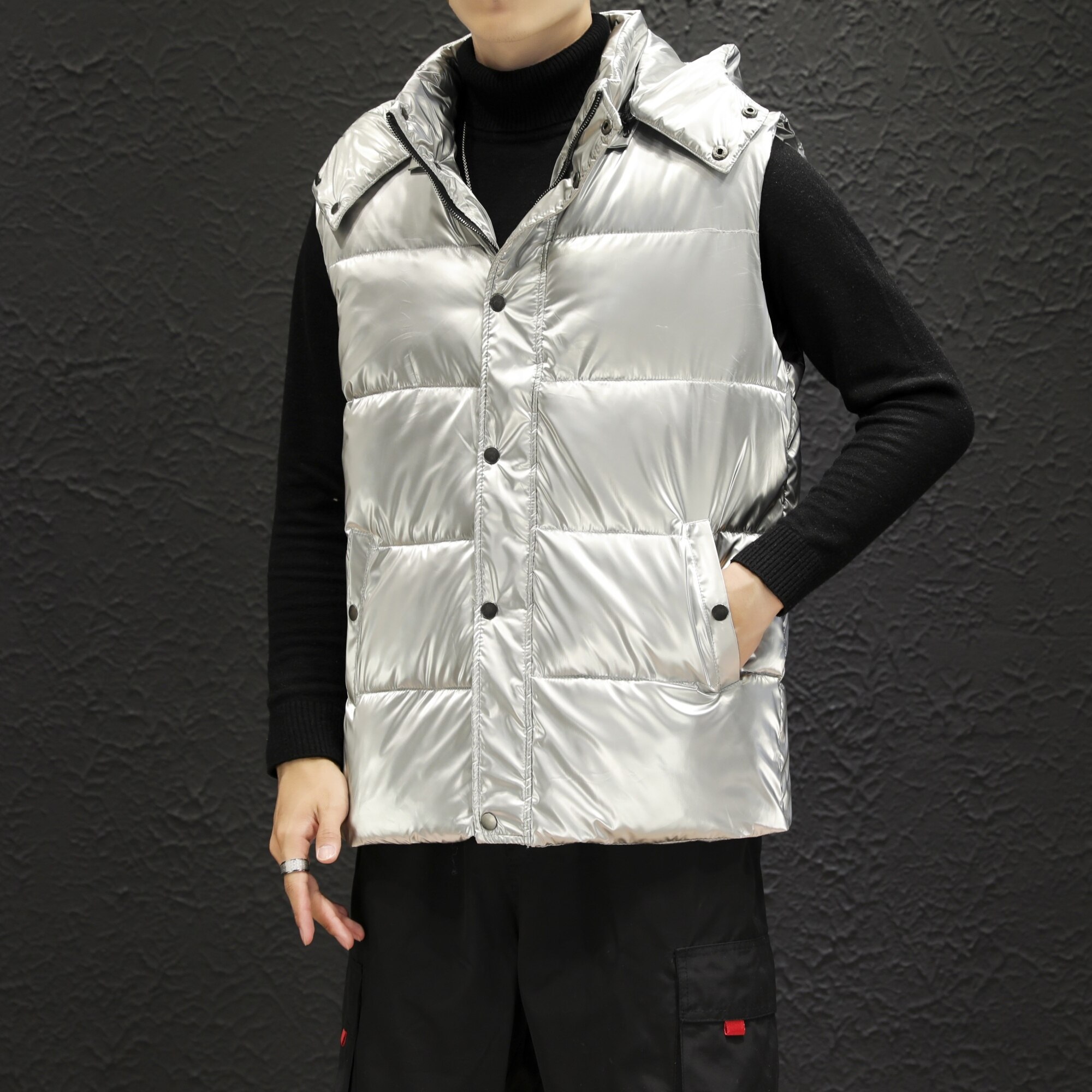 Glossy Vest Mannen Winter Mouwloze Jassen Goud Zilver Toevallige Stevige Dikke Warme Vesten Hooded Jassen Mannelijke Vest Jassen: Zilver / 4XL
