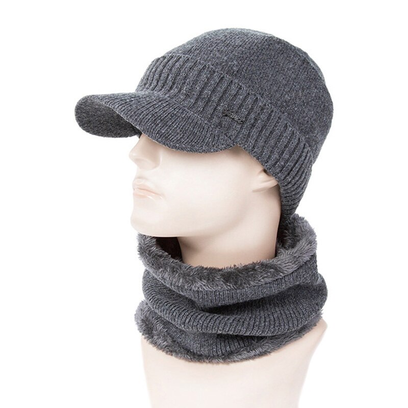 Vinter hatte beanies til mænd varm mand plus fløjl strikkede hatte tørklæder cap krave sæt balaclava maske motorhjelm gorras: Grå