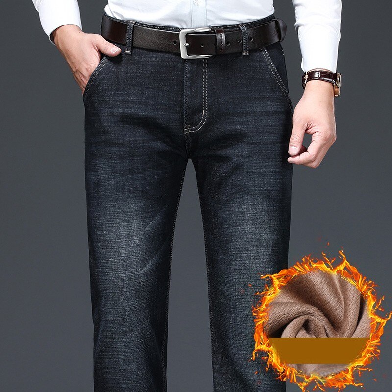 Vinterjeans mænd sort slim fit stretch tykke fløjlsbukser varme jeans casual fleecebukser herre plus str.