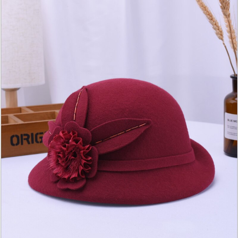 Mother Lady Autumn And Winter Woolen Curling Hats Woman Party Formal Top Grade 100% Wool Felt Hat Bucket Cap: Wine red