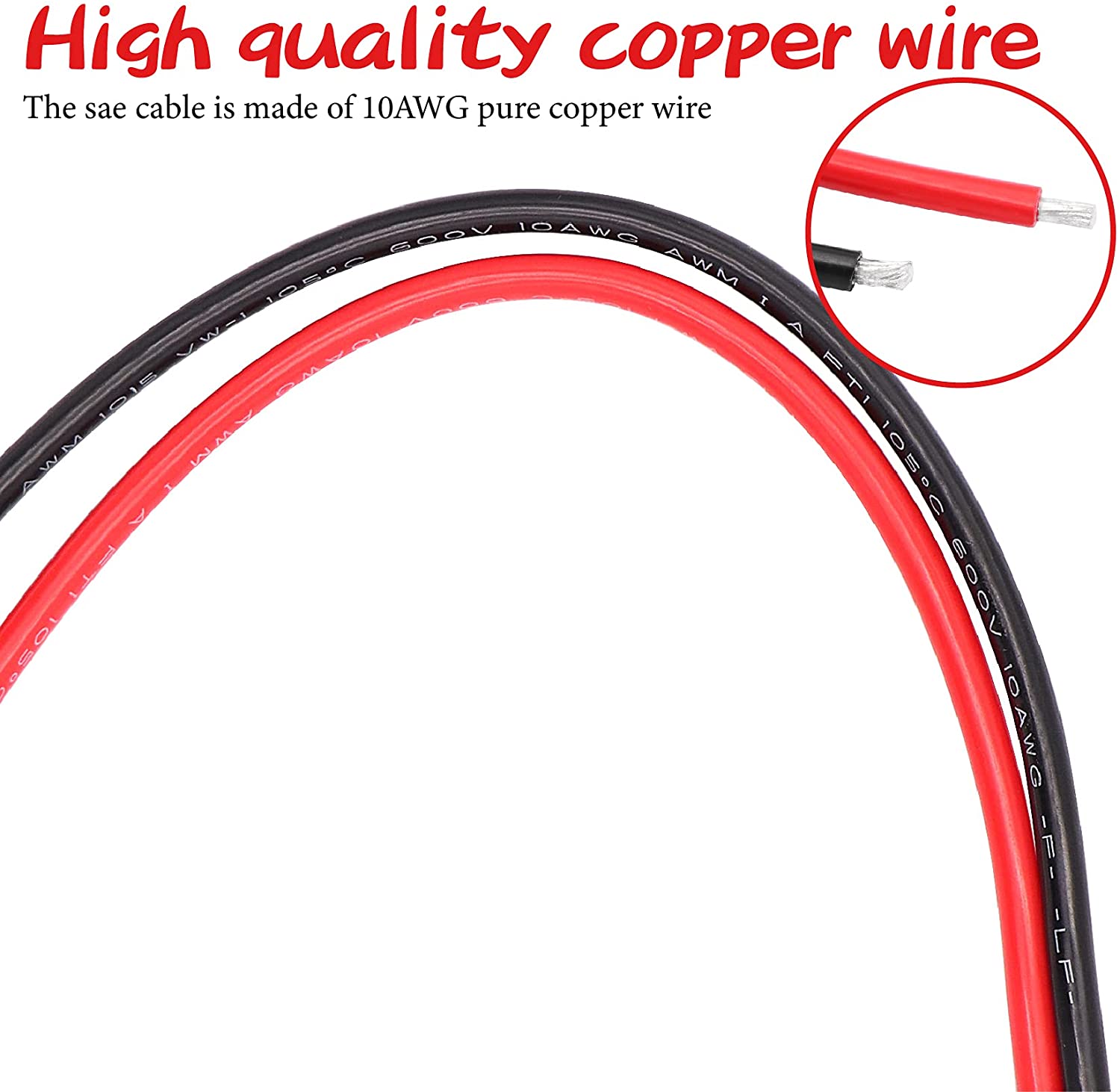 Lot de 2 rallonges avec connecteur SAE, 10awg, 1ft, câble d'extension pour automobile, connecteur à déconnexion rapide SAE, panneau solaire