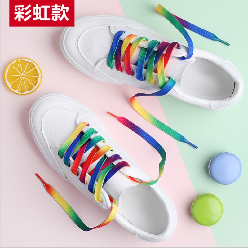 1 Paar Kleurrijke Veters Rainbow Gradiënt Afdrukken Platte Canvas Schoen Kant Schoenen Casual Chromatische Kleur Schoenveters 80 Cm/100 cm/120 Cm