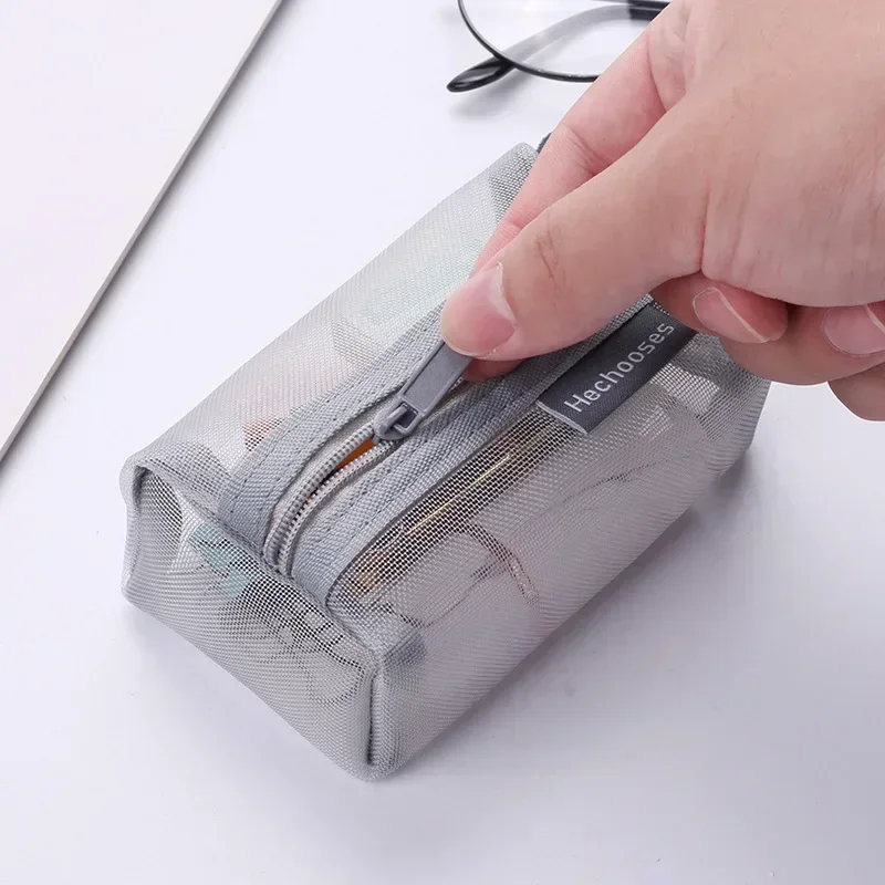 Mini Clear Nylon Mesh Cosmetic Bags Cute Women Small Lipstick Makeup Bags Pouch Data Line Key Earphone Organizer Case