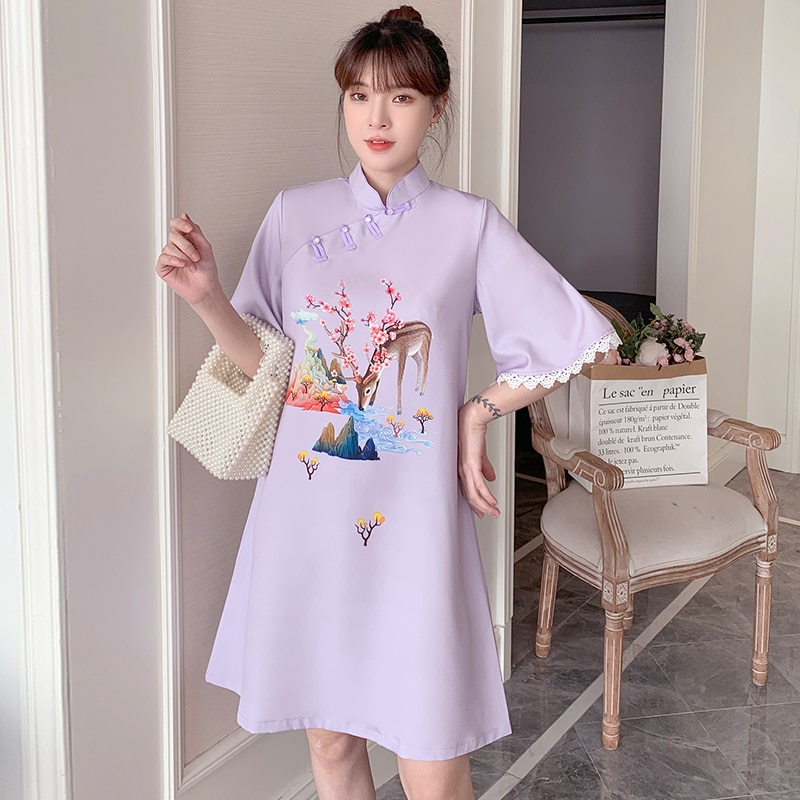 Plus Size M-4XL Year Purple Loose Modern Cheongsam Dress Women Short Sleeve Qipao Traditional Chinese Clothes