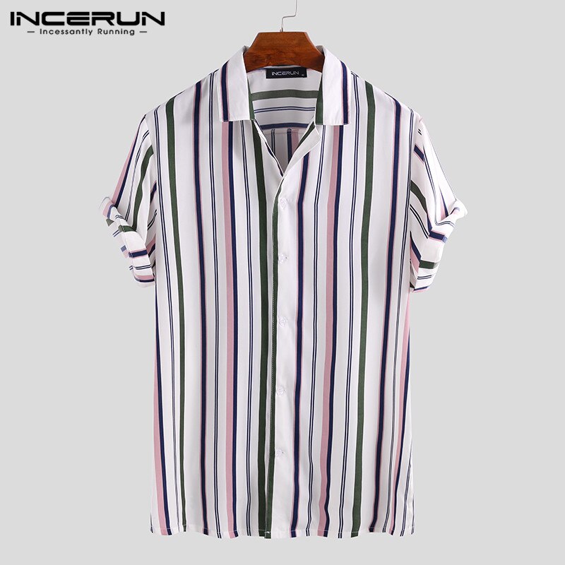 INCERUN Men Striped Shirts Short Sleeve Lapel Neck Dress Shirts Man Button Up Blusas Breathable Camisa Streetwear S-5XL