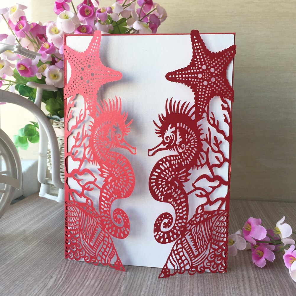 1Pcs Glossy Paper Beach Theme Wedding Party Invitations Cards Seahorse Wedding Cards Bridal Shower Invitation Wedding Supplies